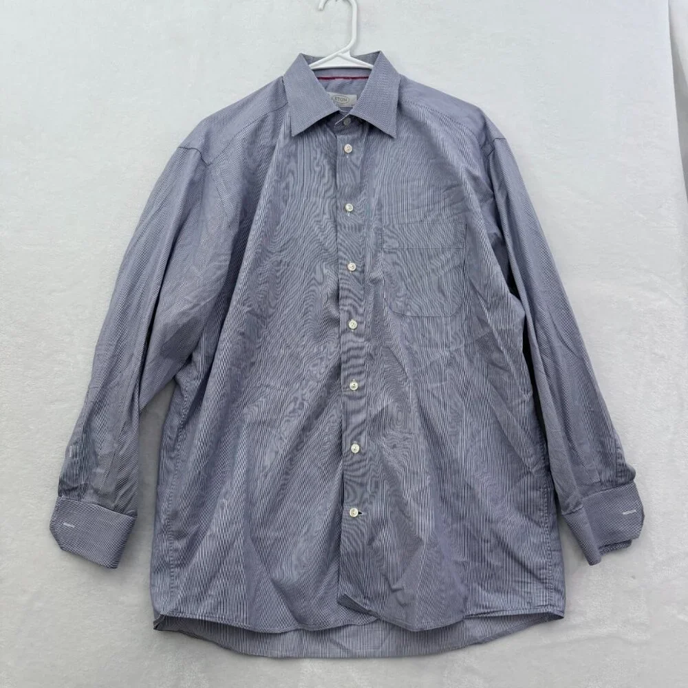 Eton Shirt Men 42 16.5 Blue Stripe Classic Fit Pocket Button Up